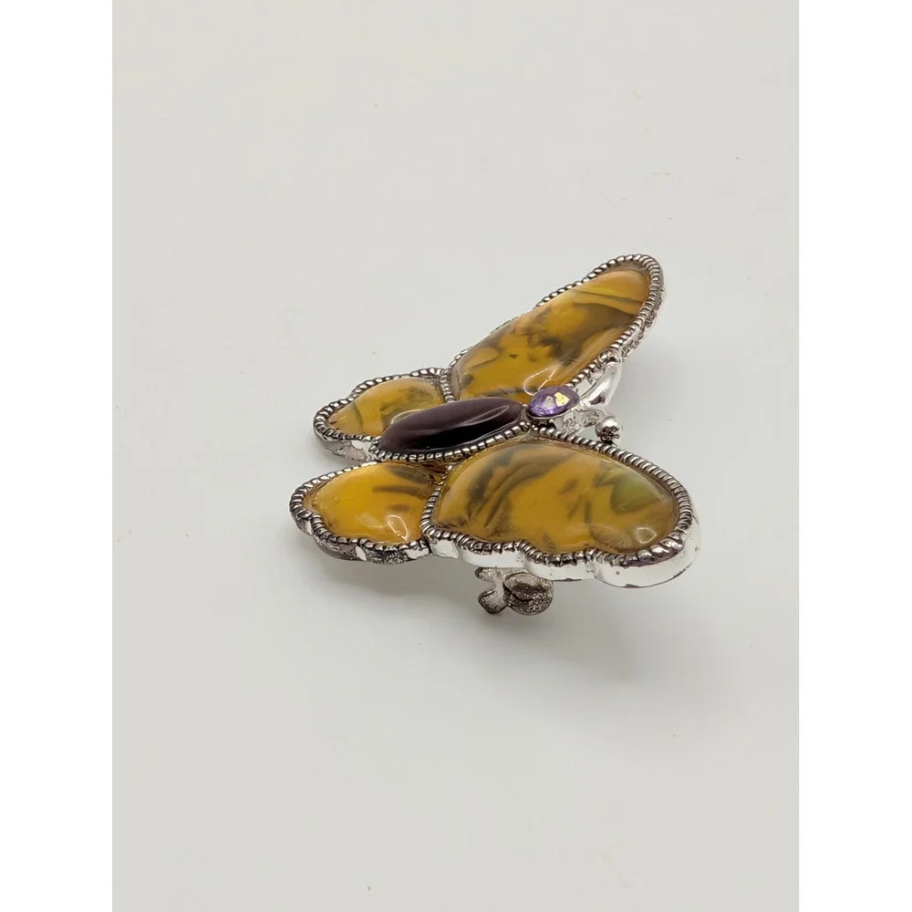 Butterfly Brooch Gold Tone Iridescent Enamel Purple Cabochon Rhinestone Accent